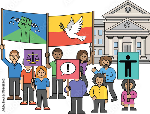 People protesting for rights and freedom in front of a building