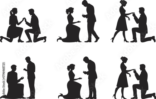 Marriage proposal silhouettes, romantic couple icons, kneeling man with ring, love gesture illustration, black profile shapes, engagement moment