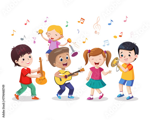 Play music concept of children group.Cartoon dancing kids and kids with musical instruments.cute child musician various actions playing music