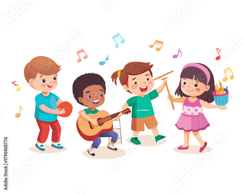 Play music concept of children group.Cartoon dancing kids and kids with musical instruments.cute child musician various actions playing music