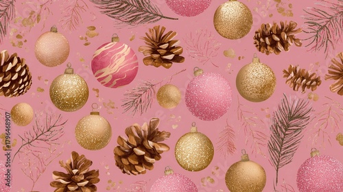 Christmas Pink Gold Ornament Pattern with Pinecones and Pine Branches, Festive Holiday Design for Wallpaper, Poster, Banner and Creative Graphic Decor Projects