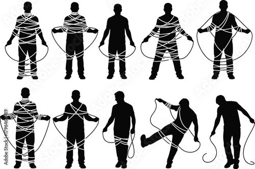 Jump rope silhouette sequence, tangled rope poses, black and white illustration, fitness mishap, workout fail, humorous exercise moment, rope entanglement