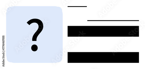 Large question mark in a light-blue square next to bold black horizontal lines of varying lengths. Ideal for inquiry, mystery, problem-solving, data analysis, decision-making, research, simple flat