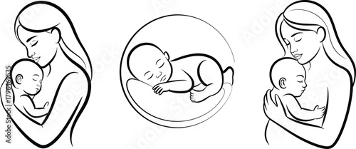Mother and baby line art, maternal love illustration, peaceful bonding, newborn care, black vector drawing, emotional connection, isolated graphic asset