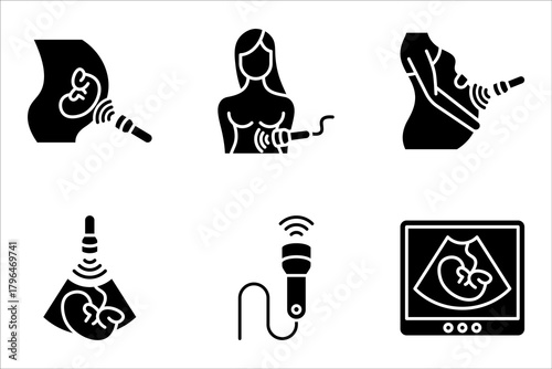 Ultrasound icon set. Woman pregnancy internal ultrasonography medical device. Ultrasonic transducer symbol. vector illustration on white background