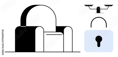 Padlock with curved shackle, CCTV camera symbol, and keyhole icon emphasizing safety, privacy, and protection. Ideal for security, privacy, surveillance, technology access cyber safety simple flat