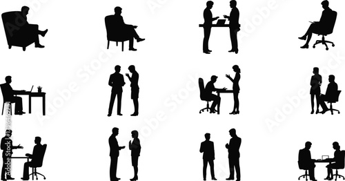 Office posture silhouettes, seated and standing figures, black vector icons, workplace interaction design, professional gesture pack, business illustration set