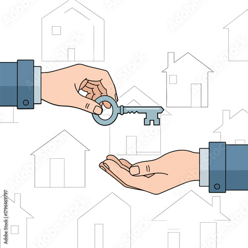 Handing over a house key from one person to another, symbolizing real estate transaction