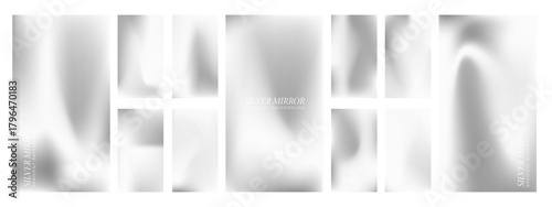 Minimalist metallic mobile background set. 11 silver mirror and chrome gradient wallpapers for phones. Vector illustration.