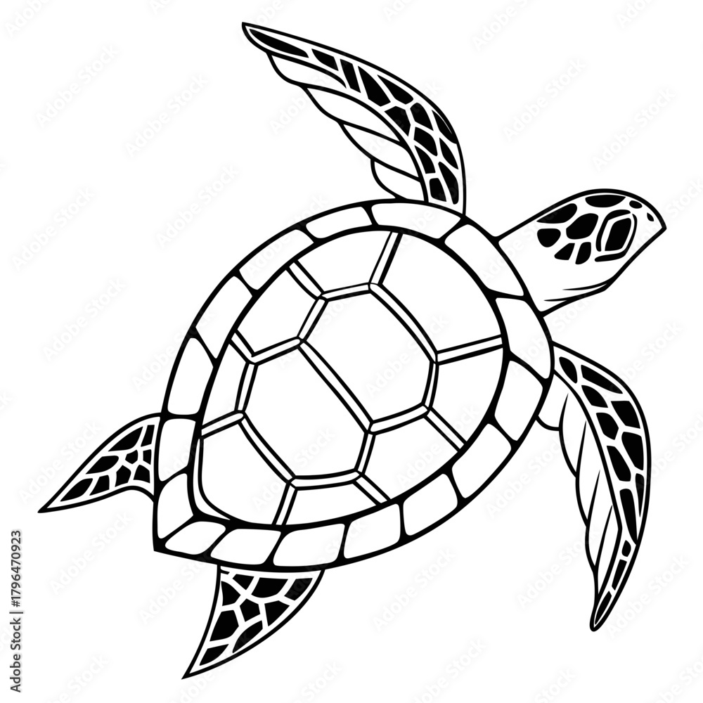 Fototapeta premium A minimalist geometric line-art illustration of a sea turtle, designed entirely with sharp polygonal shapes and clean black outlines. The shell is built from symmetrical hexagonal and angular facets