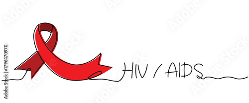 red ribbon sign with hiv aids text One continuous line drawing for Poster, banner, background with lettering, Doodle outline art, hand drawn satin ribbon bow drawing Minimal Symbol with copy space