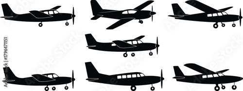Airplane silhouette illustration, small aircraft vector, propeller plane side view, black aviation design, landing gear, wing shape, stock art