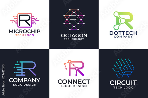 Set of Letter R logo vector template. Abstract symbol technology