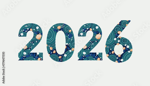 Ocean Theme New Year 2026 Banner Stylized Waves and Seashell Pattern Inside Numbers Perfect for Summer Events Beach Parties and Marine Environment Concepts