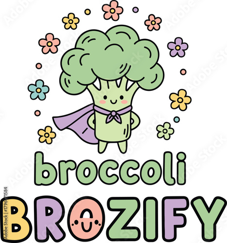Cute broccoli superhero cartoon, healthy vegetable character, kids food mascot, smiling face illustration, colorful flowers, fun design, child-friendly concept, vector art