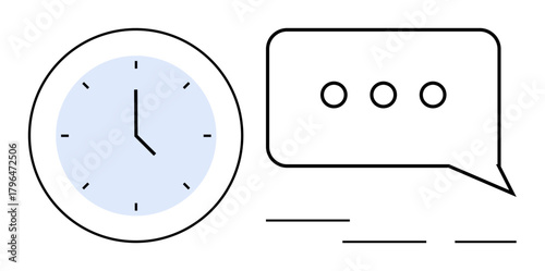 Analog clock alongside a speech bubble with ellipses expressing communication, scheduling, ideas. Ideal for productivity, meetings, deadlines, organization, collaboration, planning simple flat