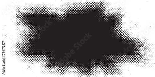 Halftone grunge splash with dense black dots forming an irregular abstract shape on a white background.