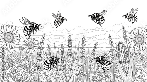 High-quality black line art of bees pollinating flowers and crops, biodiversity, close-up nature illustration