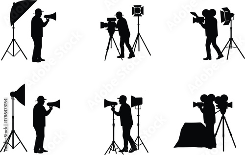 Movie director using megaphone with studio lights and vintage camera, filmmaking process silhouette vector illustration for cinema production, film industry, and creative design