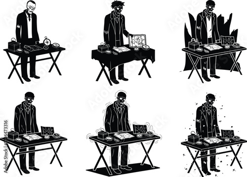 Mysterious man working at vintage desk, studying old maps and artifacts, dark detective concept, gothic vector illustration, investigation, mystery, noir atmosphere, creativity