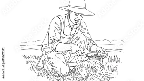 High-quality black continuous line art of farmer examining soil, sustainability, agriculture, close-up illustration