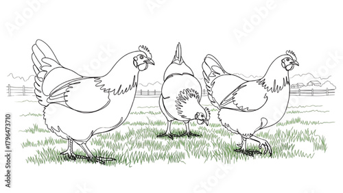 Tableau sur toile High-quality black continuous line art of chickens walking and pecking on grass,