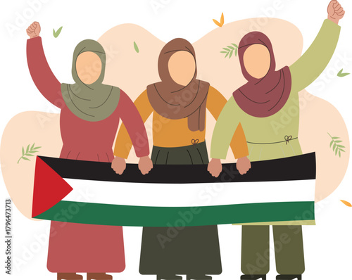 Three women raise their hands in solidarity for Palestine. A vector illustration depicting the unity and solidarity of Palestinian women.