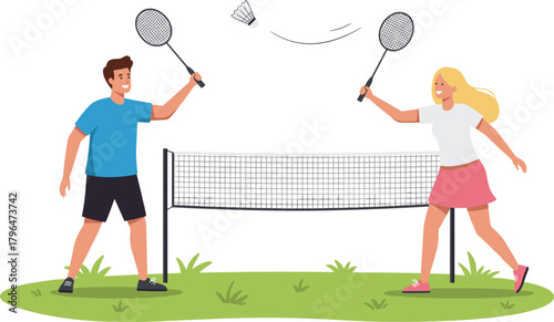 Outdoor badminton match, summer sport, active lifestyle, shuttlecock flying, grassy field, friendly competition, fitness, teamwork, leisure activity, vector illustration, recreational play, fu