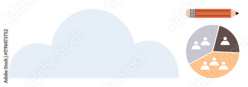 Cloud graphic, pie chart with user sections, orange pencil. Ideal for teamwork, data sharing, digital storage, creativity, workflow collaboration decentralization. Simple flat metaphor