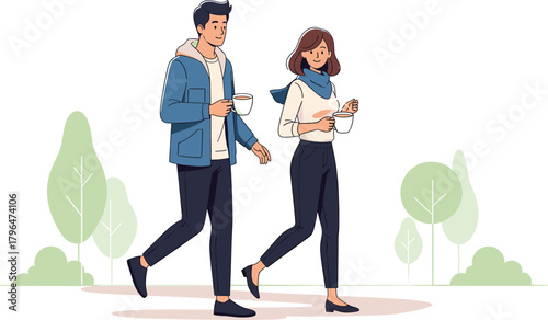 Outdoor walk, casual coffee moment, friendship, leisure activity, park stroll, autumn fashion, warm drink, companionship, vector illustration, smiling people, nature background, lifestyle scene