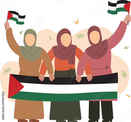 Three women raise their hands in solidarity for Palestine. A vector illustration depicting the unity and solidarity of Palestinian women.