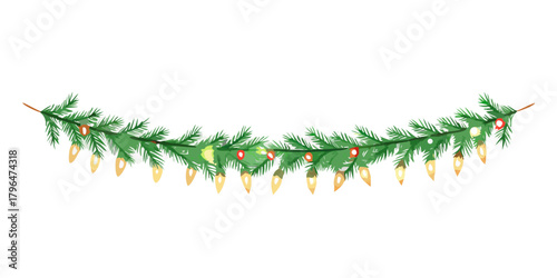 Seamless Christmas tree garland. Realistic pine-tree branches with Christmas lights decoration. Vector border for holiday banners, party posters. Transparent background can be removed in vector file.