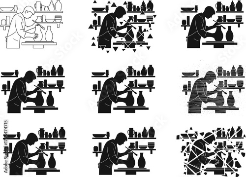 Potter crafting clay vase silhouette vector illustration, modern ceramic workshop, pottery wheel art, handmade creativity process, artistic studio design with abstract geometric background