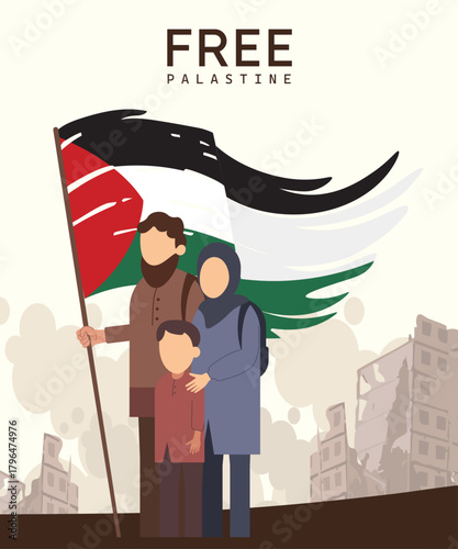 A Palestinian family stands in front of a large national flag.