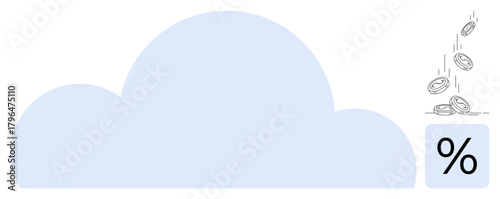 Large cloud shape paired with falling coins above a percentage box, symbolizing cost efficiency, savings, investments, financial growth, cloud technology, business productivity, and digital