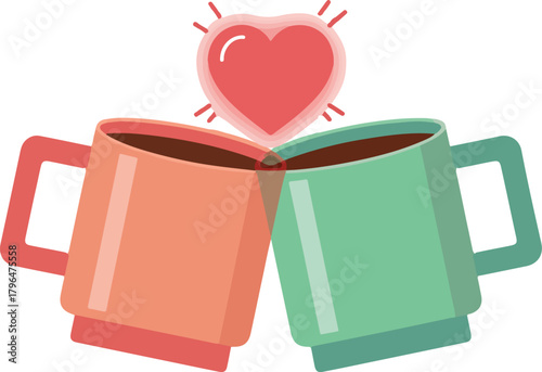 Two vector mugs in green and orange with a pink heart between them, symbolizing a shared moment
