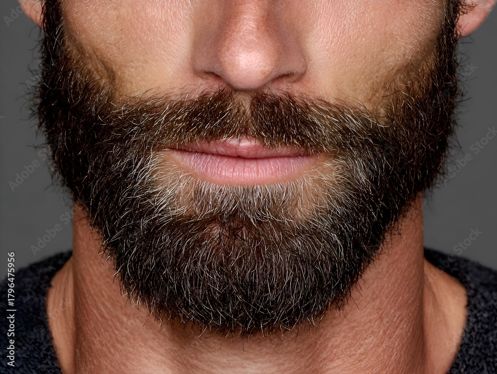 Obraz premium Close up of a man's face with a full beard showing details of the texture and the different colors of the hair in a studio setting.