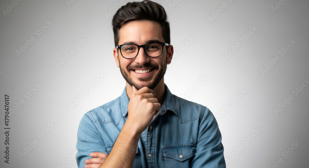 Obraz premium A cheerful brunette man posing in a denim shirt with black frame glasses. He has his hand on his chin with a happy smile against a neutral gradient backdrop.