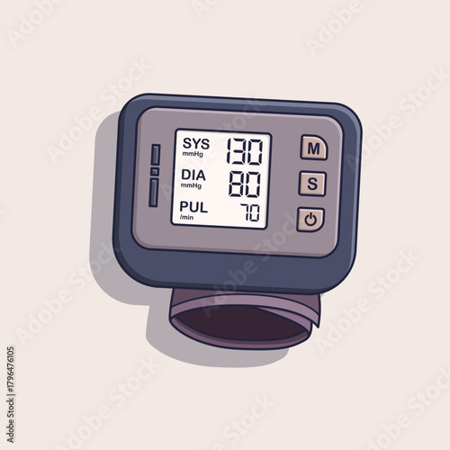Illustration of a compact wrist sphygmomanometer with digital blood pressure display showing systolic, diastolic, and pulse readings for easy daily health monitoring