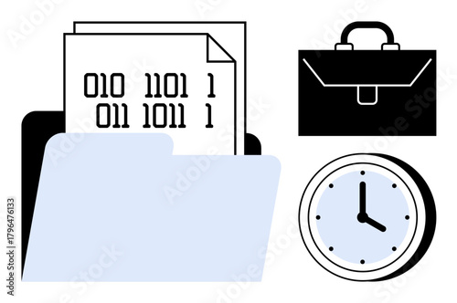 Document inside file folder with binary code, briefcase, and clock emphasizing efficiency, productivity, and structured management. Ideal for workflow, data storage, time tracking, work-life balance