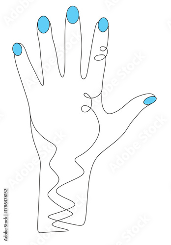 Continuous line art of a woman's hand with polished nails. This icon is for a manicure and pedicure shop.