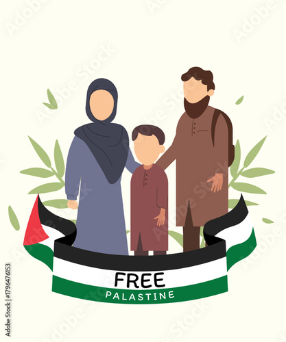 A Palestinian family stands in front of a large national flag.