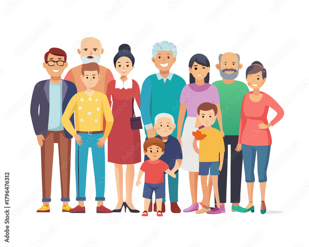 Fototapeta premium Families portraits set. Big happy multi-generational family siblings relatives portrait. Vector people. Seniors mother and father with babies, children grandchildrens and grandparents. Grandma grandpa
