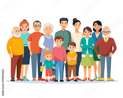 Families portraits set. Big happy multi-generational family siblings relatives portrait. Vector people. Seniors mother and father with babies, children grandchildrens and grandparents. Grandma grandpa