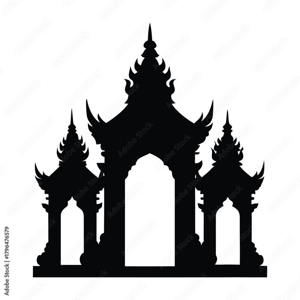 Fototapeta premium Thai Temple Gate Silhouette with Guardian Statues