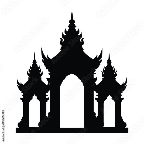 Thai Temple Gate Silhouette with Guardian Statues 