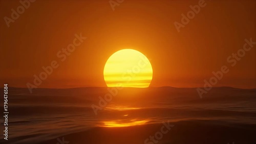 Golden sun setting over calm ocean horizon creating a vibrant reflection on the water