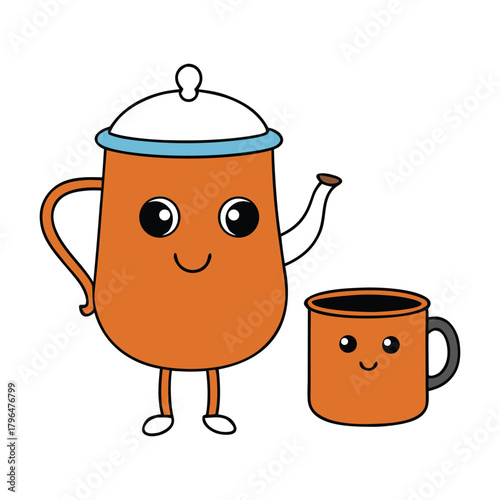 A charming, tiny pot holding a matching cup, radiating warmth and cuteness, perfect for cozy tea moments or as a delightful kitchen decoration.
