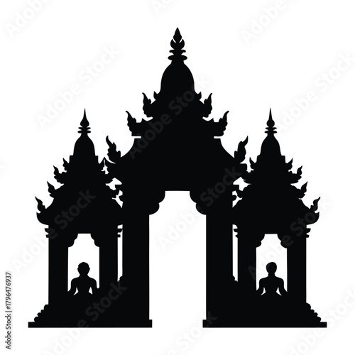 Thai Temple Gate Silhouette with Guardian Statues 