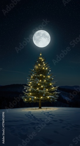 Illuminated christmas tree under a full moon in a snowy landscape at night with a dark sky